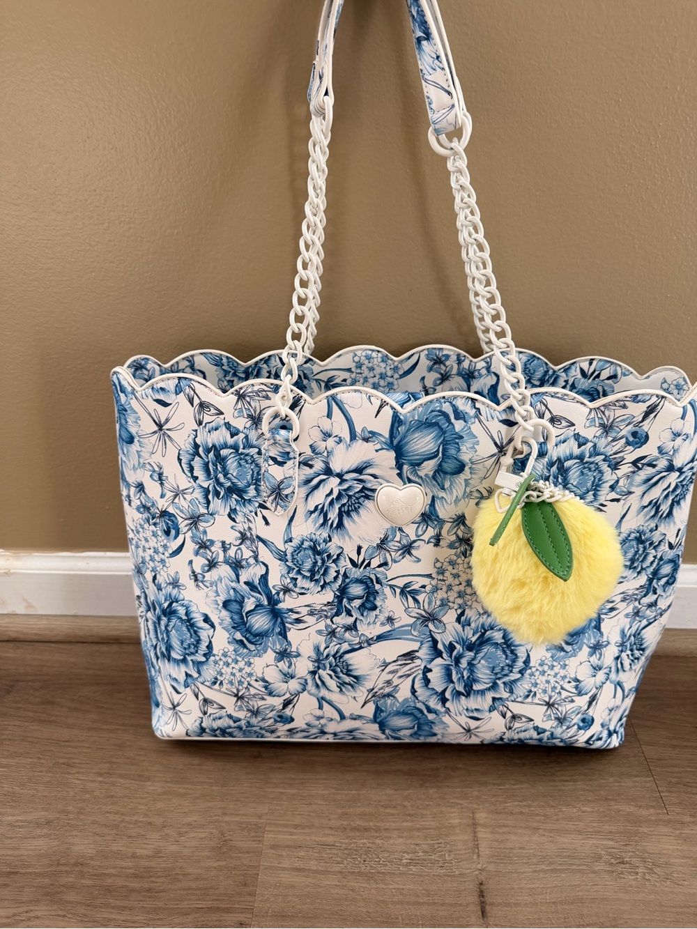 Betsey Johnson Blue Floral Scallop-Top Tote with Yellow Pom Charm